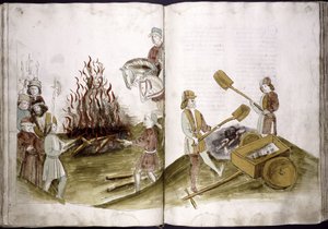 Jan Hus wordt op de brandstapel verbrand op 6 juli 1415 en zijn as wordt in de Rijn geworpen uit: Ulrich Richental Kroniek van het Concilie, 1414-1418