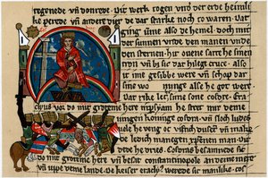 Khosrau II van Perzië met kruis en duif, op zijn mechanische troon