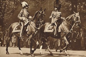 Koning Edward aan het hoofd van de Brigade van Wachten, draait zich onverstoorbaar om om te informeren naar revolver