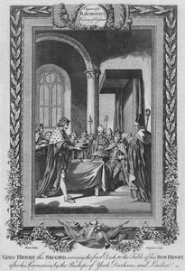 Koning Hendrik de Tweede serveert het eerste gerecht aan de tafel van zijn zoon, c1787
