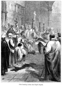 Koning Jan 1167-1216 knielend voor de pauselijke legaat, 1213
