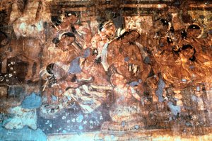 Koning Mahajanaka luistert naar koningin Vivali, Ajanta-grotfresco, India, 1e-5e eeuw na Christus