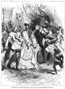 Koning Richard I 1157-1199 trekt zijn zwaard tegen de kardinaal-legaat van de paus