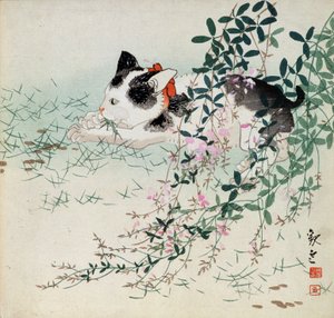 Kitten in gras en loof bloemen - Japanse prent