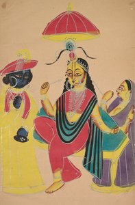 Krishna staat bij Radha die op een stoel zit, 1800s door Unbekannt