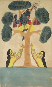 Krishna steelt de kleren van de koeherderinnen (Gopi