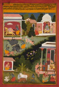 Krishna als de Vernietiger van Demonen, pagina uit Surdass Sursagar, ca. 1700