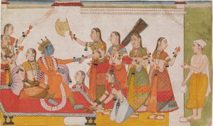 Krishna verwelkomt Sudama, uit een Bhagavata Purna, ca. 1700 door Unbekannt