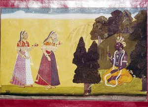 Krishna met fluit, benaderd door twee dames