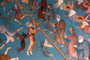 Kykkos-klooster, Cyprus. De Ladder van Goddelijke Opstijging met de goeden rechts en de slechten links, Pedoulas, Cyprus