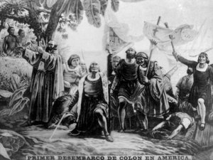 Landing van Columbus in Amerika, 15e eeuw, jaren 1920 door Unbekannt