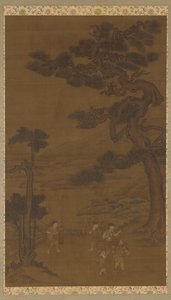 Landschap: ambachtslieden onder een grote den, Ming-dynastie door Unbekannt