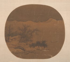 Landschap met vissersdorp en boot op het meer door Unbekannt