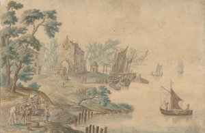 Landschap met Paarden en Karren en een Rivier aan de Rechterkant, 18e eeuw door Unbekannt