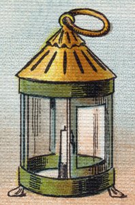 Lantaarn. Gravure in "Alphabet de ma petite fille". Bernardin-Bechet en Fils, boekverkopers-uitgevers, Parijs, rond 1895. Onbreekbaar album op canvas. Bibliotheque des Bebes. 12 pagina