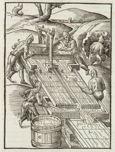 Wassen van gouderts in houten bakken gevuld met water - Gravure uit Description des minerais et des principales methodes d