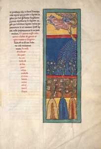 Blad uit een Beatus-manuscript: de Eerste Engel Blaast de Trompet