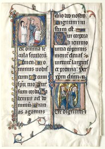 Blad uit een missaal met twee gehistorieerde initialen: Initiaal P[er omnia saecula saeculorum]..., ca. 1300 door Unbekannt