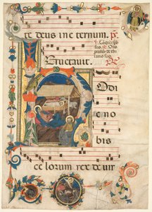 Blad uit een Antifonarium met Geïllustreerde Initiaal H met De Geboorte recto en Muziek verso