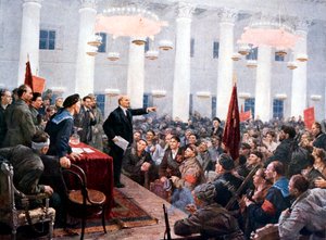 Lenin toespreekt afgevaardigden van het 2e Sovjetcongres, Smolny Paleis, St. Petersburg, 1917 door Unbekannt