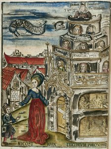 De vrije kunsten, grammatica: Nicostrata (ook wel Carmenta genoemd), met een hornbook, handboek voor onderwijs (hier, een ABC-boek) en een sleutel, die de deur van de toren van leren opent voor een kind
