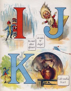 Letter I, J en K: Ze gaan glijden, ik ben meneer Jojo en het café Moka Karl. Gravure in "ABC L