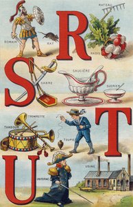 Letters R S T U; Radijs Hark; Romeins; Sabel; Sauskom Suiker; Trompet trommel; Tol; Uniform; Fabriek. Gravure in "Alphabet de ma petite fille". Bernardin-Bechet en Fils, boekverkopers-uitgevers, Parijs, rond 1895. Onbreekbaar album op canvas. Bibliotheque 