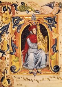 Lettrine met een man en een orgel die een partituur beginnen uit de Codex Squarcialupi (door Antonio Squarcialupi) door Unbekannt