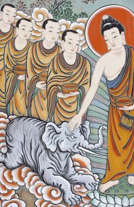 Leven van Boeddha Het temmen van een olifant, Seoul, Zuid-Korea