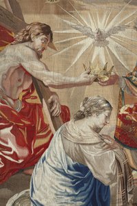 Leven van de Maagd: "De Kroning van de Maagd" Detail met Jezus en de Duif van de Heilige Geest (Heilige Geest) boven de Maagd - Wol- en zijden tapijt gemaakt in de werkplaats van Pierre Damour naar tekeningen van Charles Poerson (1609-1667)
