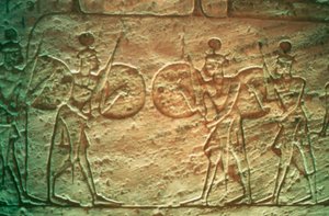 Kalkstenen reliëf met Hettitische soldaten, Tempel van Abu Simbel, Egypte, 14e-13e eeuw v.Chr.