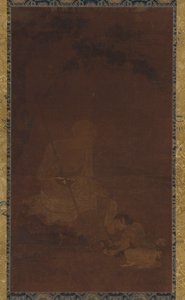 Lohan zittend, een dienaar knielend voor hem, Yuan of Ming-dynastie, 1279-1644