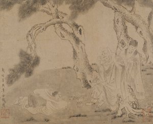 Luohan, bediende en aanbidder onder dennen, Yuan of Ming-dynastie