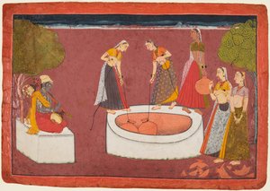 Madhava speelt zijn vina voor vijf vrouwen die water halen uit een put, uit een Madhavanala..., ca. 1700 door Unbekannt