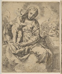 Madonna en Kind zittend op wolken en omringd door engelen, kopie in omgekeerde richting, ca. 1639 of later door Unbekannt