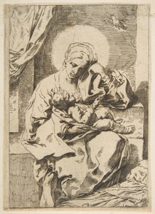 Madonna en Kind met een Vogel, kopie in spiegelbeeld naar Cantarini