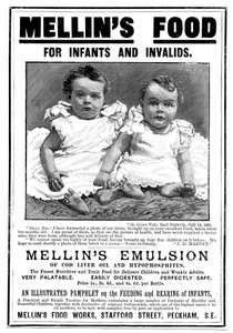 Tijdschriftadvertentie voor Mellins Emulsion, een voedingssupplement op basis van levertraan, ca. 1890