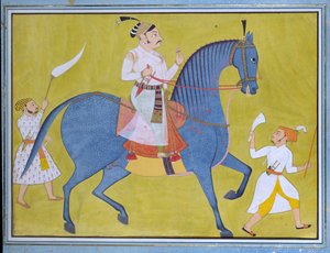 Maharaja Pratap Singh van Sawar te paard, met twee bedienden te voet, ca. 1700 door Unbekannt