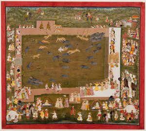 Maharaja Sangram Singh en zijn hofhouding observeren een gevecht tussen tijgers en zwijnen in Sadri, ca. 1720