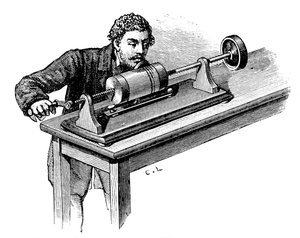 Opname maken op het eerste model van Thomas Edisons fonograaf, c1878