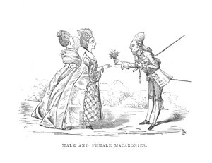 Mannelijke en vrouwelijke macaronies, ca. 1870