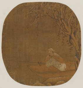 Man die vist vanuit een boot onder een boom, Mogelijk Ming-dynastie, 1368-1644 door Unbekannt