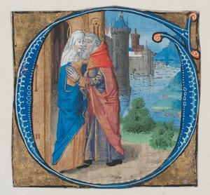 Manuscriptverlichting met Joachim en Anna in een initiaal G