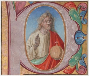 Manuscriptverlichting met Salvator Mundi in een initiaal P, uit een koorboek, begin 16e eeuw