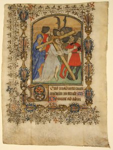 Manuscriptblad uit een Getijdenboek... Verlichte initiaal D en Christus die het kruis draagt, 1390-140 door Unbekannt
