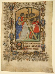 Manuscriptblad uit een getijdenboek met een verlichte initiaal D en Christus..., 1390-1400 door Unbekannt