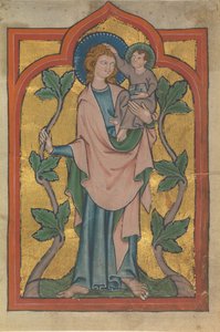 Manuscriptblad met Sint Christoffel die Christus draagt, begin 14e eeuw door Unbekannt