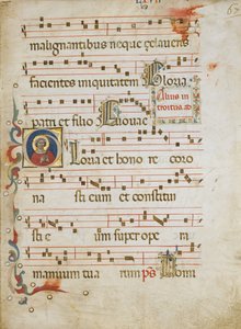 Manuscriptblad met een vrouwelijke heilige mogelijk Dorothy in een Initiaal G, uit een Graduale, ca. 1330-40