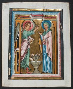 Manuscriptblad met de Aankondiging, uit een Psalter, midden 13e eeuw