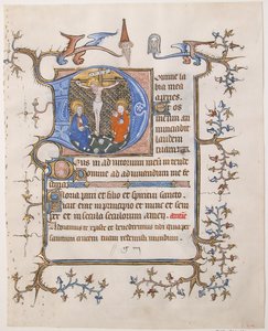 Manuscriptblad met de Kruisiging in een initiaal D, uit een getijdenboek, ca. 1350 door Unbekannt